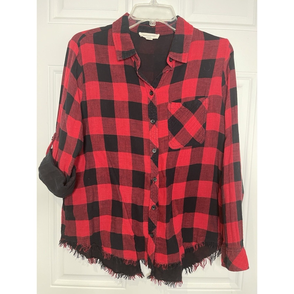 Beach Lunch Lounge Women's Medium Red & Black Buffalo Plaid Button Down Raw Hem